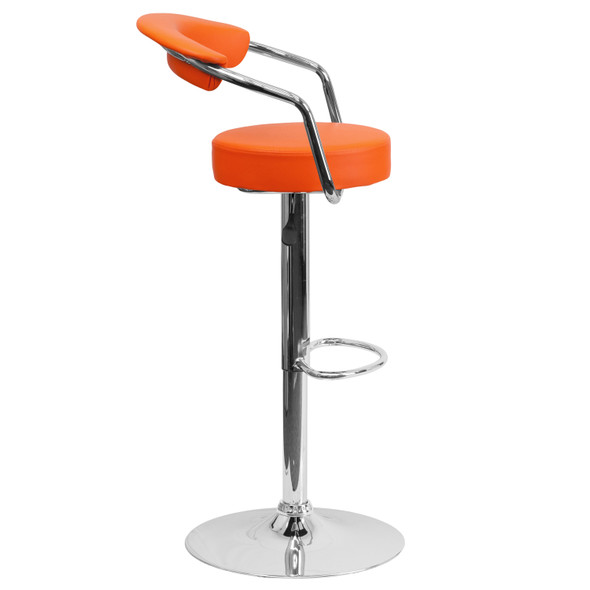 Cruz Contemporary Orange Vinyl Adjustable Height Barstool with Arms and Chrome Base