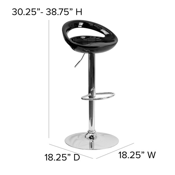 Dash Contemporary Black Plastic Adjustable Height Barstool with Rounded Cutout Back and Chrome Base