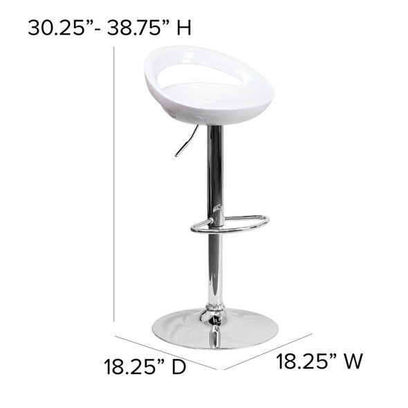 Dash Contemporary White Plastic Adjustable Height Barstool with Rounded Cutout Back and Chrome Base