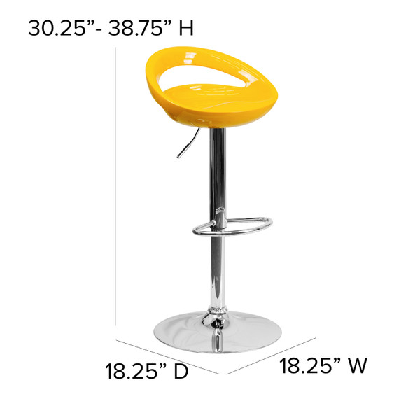 Dash Contemporary Yellow Plastic Adjustable Height Barstool with Rounded Cutout Back and Chrome Base