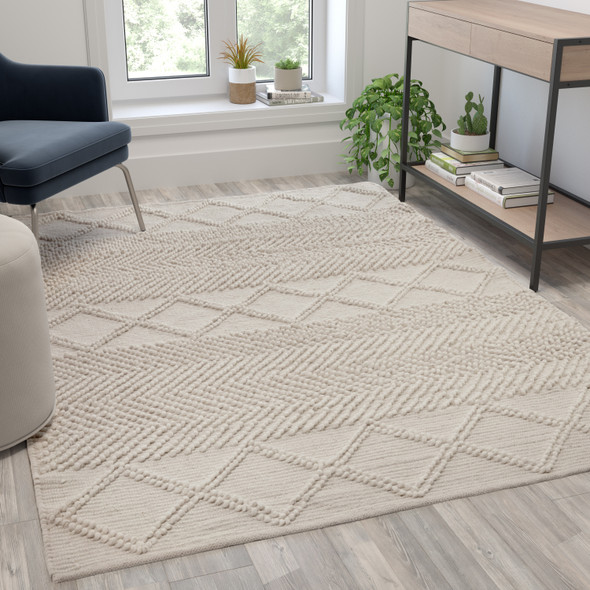 Melissa 5' x 7' Ivory & White Geometric Design Handwoven Area Rug - Wool/Polyester/Cotton Blend