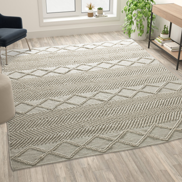 Melissa 8' x 10' White & Ivory Geometric Design Handwoven Area Rug - Wool/Polyester/Cotton Blend