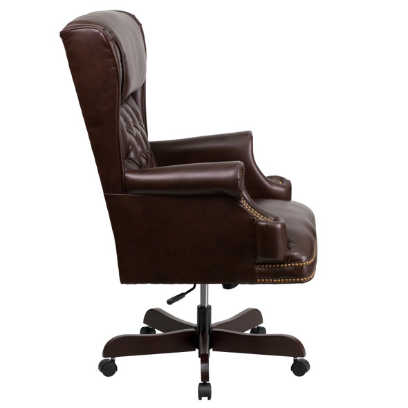 Ainslie High Back Traditional Tufted Brown LeatherSoft Executive Ergonomic Office Chair with Oversized Headrest & Nail Trim Arms