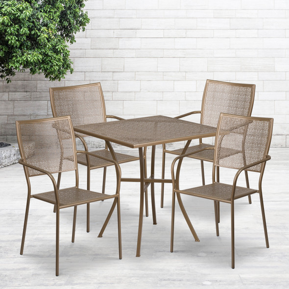 Oia Commercial Grade 28" Square Gold Indoor-Outdoor Steel Patio Table Set with 4 Square Back Chairs