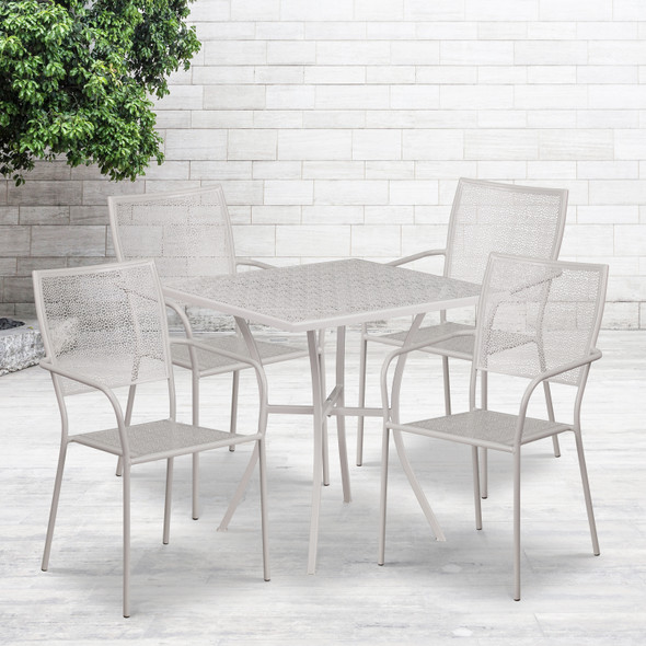 Oia Commercial Grade 28" Square Light Gray Indoor-Outdoor Steel Patio Table Set with 4 Square Back Chairs