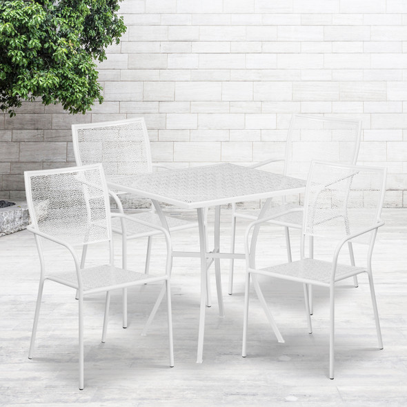 Oia Commercial Grade 28" Square White Indoor-Outdoor Steel Patio Table Set with 4 Square Back Chairs