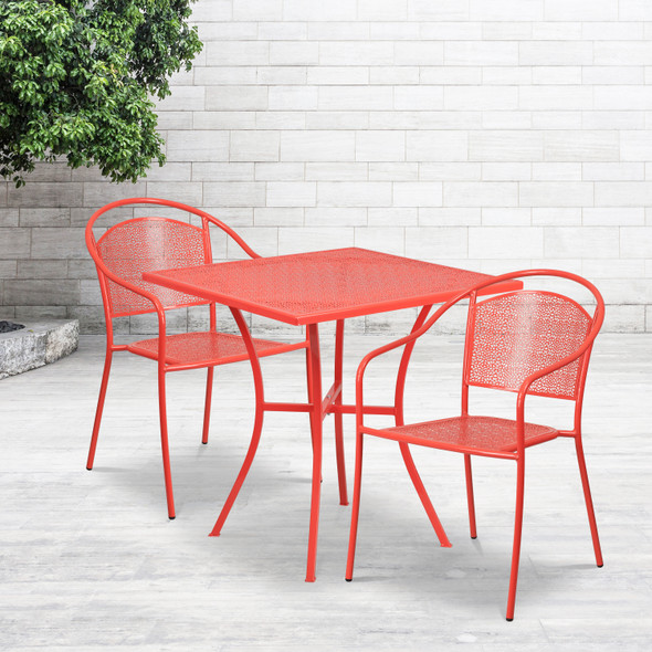 Oia Commercial Grade 28" Square Coral Indoor-Outdoor Steel Patio Table Set with 2 Round Back Chairs