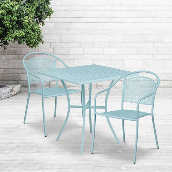 Oia Commercial Grade 28" Square Sky Blue Indoor-Outdoor Steel Patio Table Set with 2 Round Back Chairs