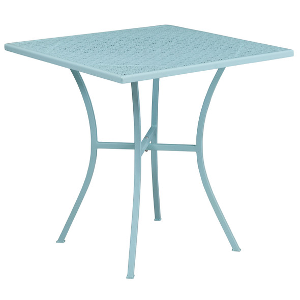 Oia Commercial Grade 28" Square Sky Blue Indoor-Outdoor Steel Patio Table Set with 2 Round Back Chairs