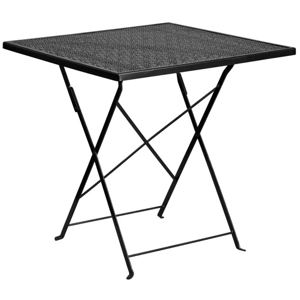 Oia Commercial Grade 28" Square Black Indoor-Outdoor Steel Folding Patio Table Set with 2 Square Back Chairs