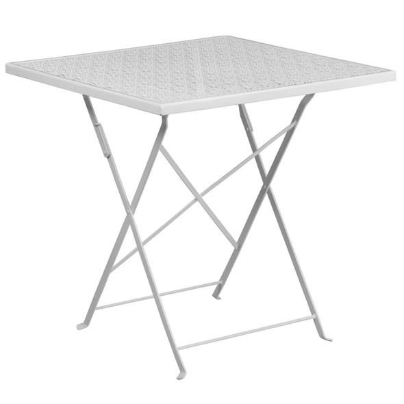 Oia Commercial Grade 28" Square White Indoor-Outdoor Steel Folding Patio Table Set with 2 Square Back Chairs