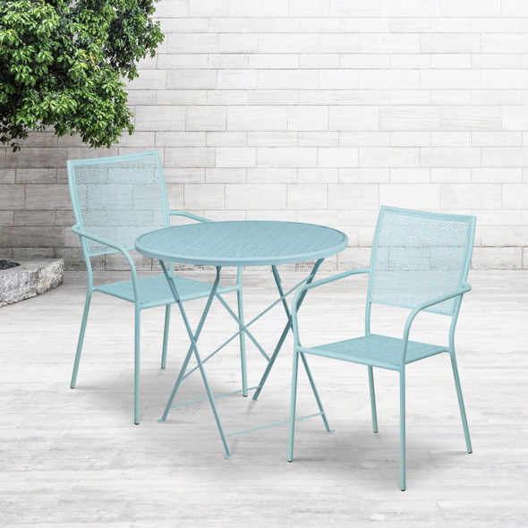 Oia Commercial Grade 30" Round Sky Blue Indoor-Outdoor Steel Folding Patio Table Set with 2 Square Back Chairs