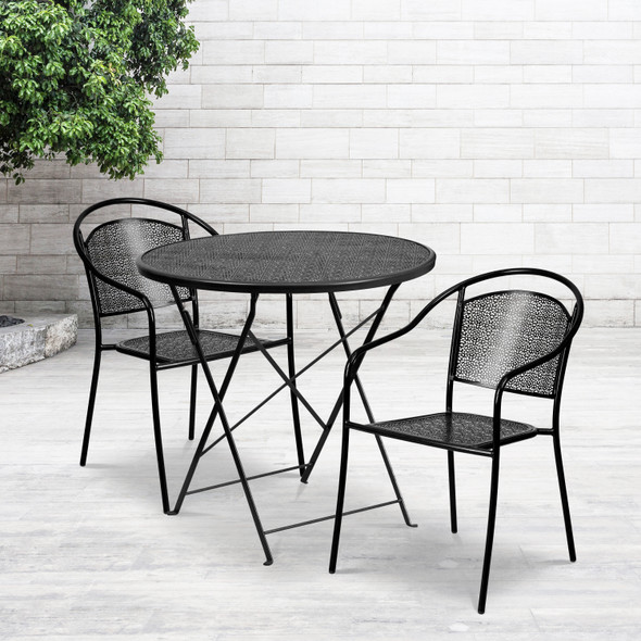 Oia Commercial Grade 30" Round Black Indoor-Outdoor Steel Folding Patio Table Set with 2 Round Back Chairs