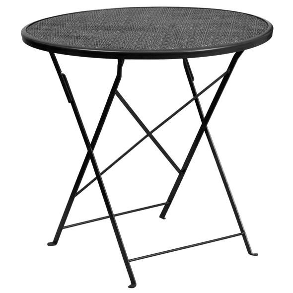 Oia Commercial Grade 30" Round Black Indoor-Outdoor Steel Folding Patio Table Set with 2 Round Back Chairs