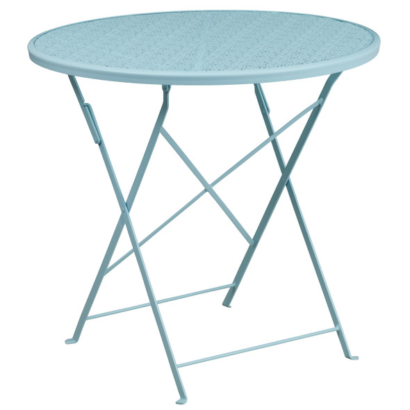 Oia Commercial Grade 30" Round Sky Blue Indoor-Outdoor Steel Folding Patio Table Set with 2 Round Back Chairs