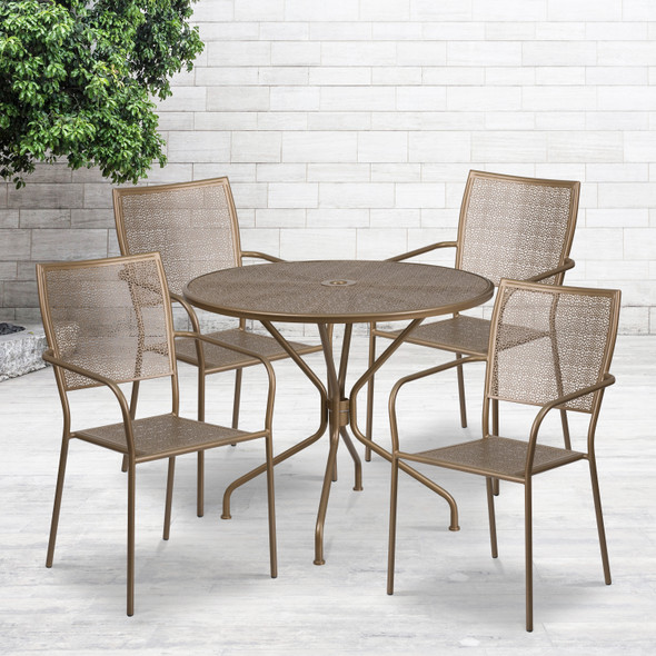 Oia Commercial Grade 35.25" Round Gold Indoor-Outdoor Steel Patio Table Set with 4 Square Back Chairs