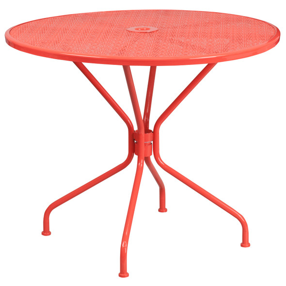 Oia Commercial Grade 35.25" Round Coral Indoor-Outdoor Steel Patio Table Set with 4 Square Back Chairs