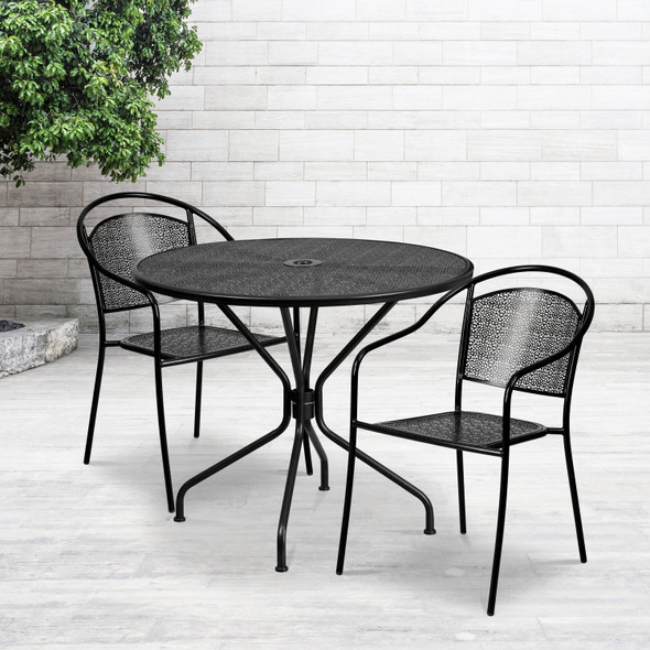 Oia Commercial Grade 35.25" Round Black Indoor-Outdoor Steel Patio Table Set with 2 Round Back Chairs