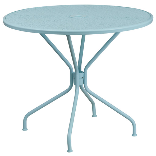 Oia Commercial Grade 35.25" Round Sky Blue Indoor-Outdoor Steel Patio Table Set with 2 Round Back Chairs
