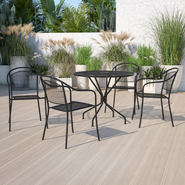 Oia Commercial Grade 35.25" Round Black Indoor-Outdoor Steel Patio Table Set with 4 Round Back Chairs