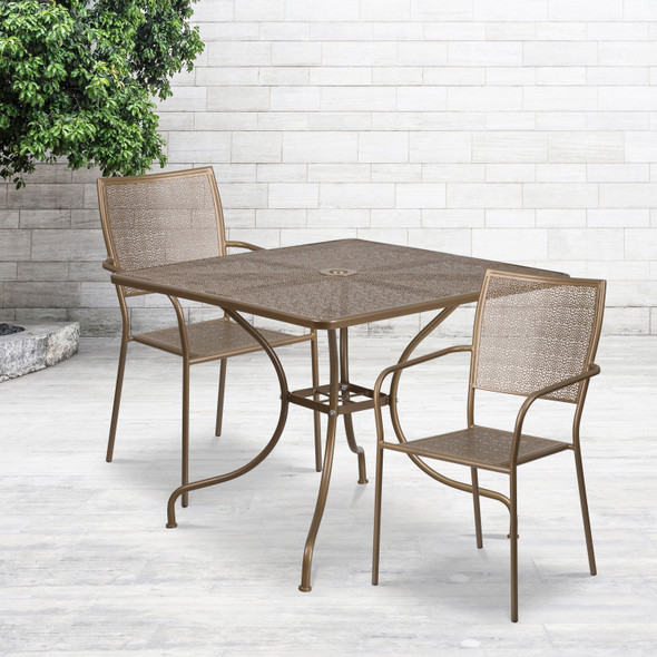 Oia Commercial Grade 35.5" Square Gold Indoor-Outdoor Steel Patio Table Set with 2 Square Back Chairs