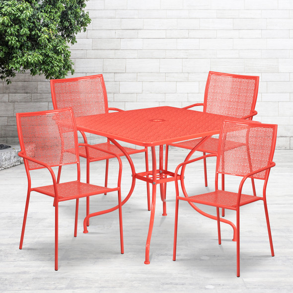 Oia Commercial Grade 35.5" Square Coral Indoor-Outdoor Steel Patio Table Set with 4 Square Back Chairs