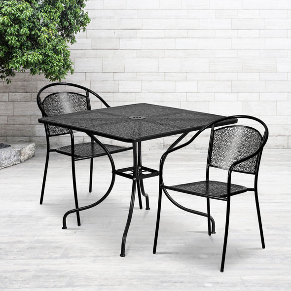 Oia Commercial Grade 35.5" Square Black Indoor-Outdoor Steel Patio Table Set with 2 Round Back Chairs