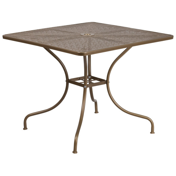 Oia Commercial Grade 35.5" Square Gold Indoor-Outdoor Steel Patio Table Set with 2 Round Back Chairs