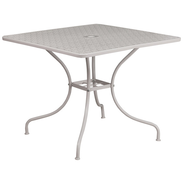 Oia Commercial Grade 35.5" Square Light Gray Indoor-Outdoor Steel Patio Table Set with 2 Round Back Chairs