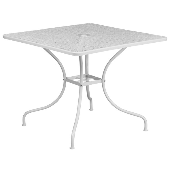 Oia Commercial Grade 35.5" Square White Indoor-Outdoor Steel Patio Table Set with 2 Round Back Chairs