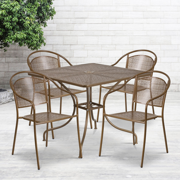 Oia Commercial Grade 35.5" Square Gold Indoor-Outdoor Steel Patio Table Set with 4 Round Back Chairs