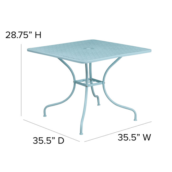 Oia Commercial Grade 35.5" Square Sky Blue Indoor-Outdoor Steel Patio Table with Umbrella Hole
