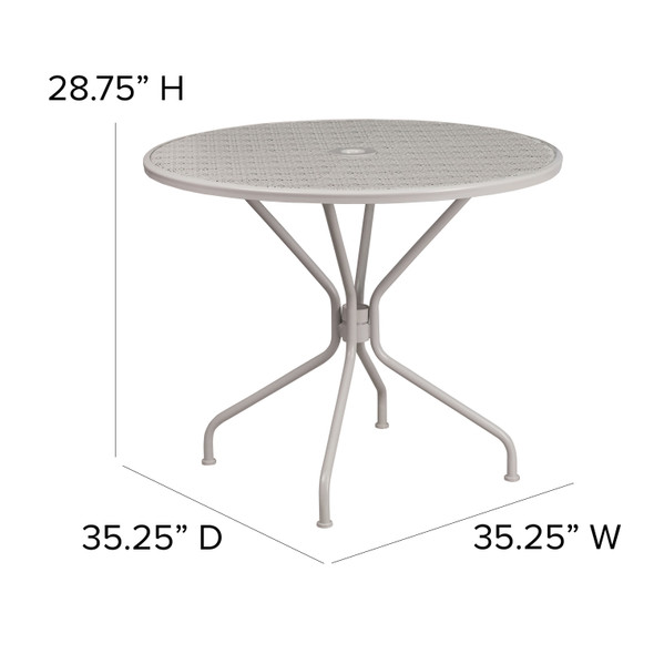 Oia Commercial Grade 35.25" Round Light Gray Indoor-Outdoor Steel Patio Table with Umbrella Hole