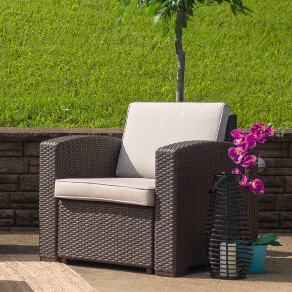 Seneca Chocolate Brown Faux Rattan Chair with All-Weather Beige Cushion