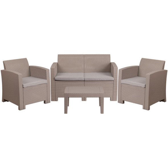 Seneca 4 Piece Outdoor Faux Rattan Chair, Loveseat and Table Set in Seneca Light Gray