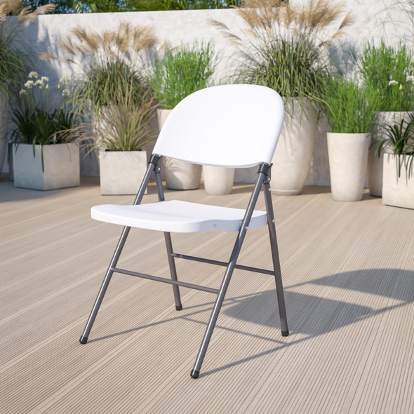 HERCULES Series 330 lb. Capacity Granite White Plastic Folding Chair with Charcoal Frame