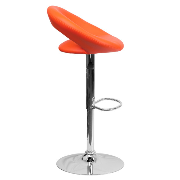 Brook Contemporary Orange Vinyl Rounded Orbit-Style Back Adjustable Height Barstool with Chrome Base