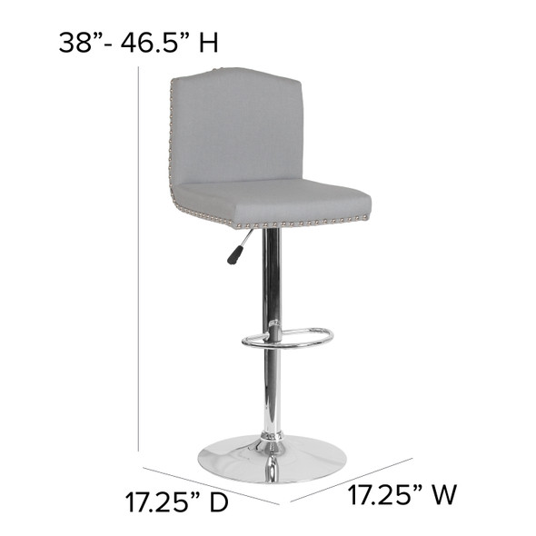 Bellagio Contemporary Adjustable Height Barstool with Accent Nail Trim in Light Gray Fabric