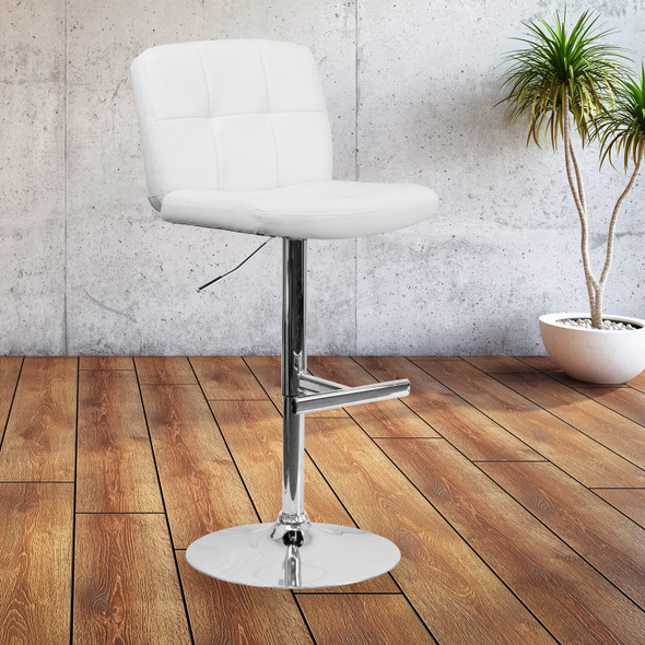 Contemporary White Vinyl Adjustable Height Barstool with Square Tufted Back and Chrome Base