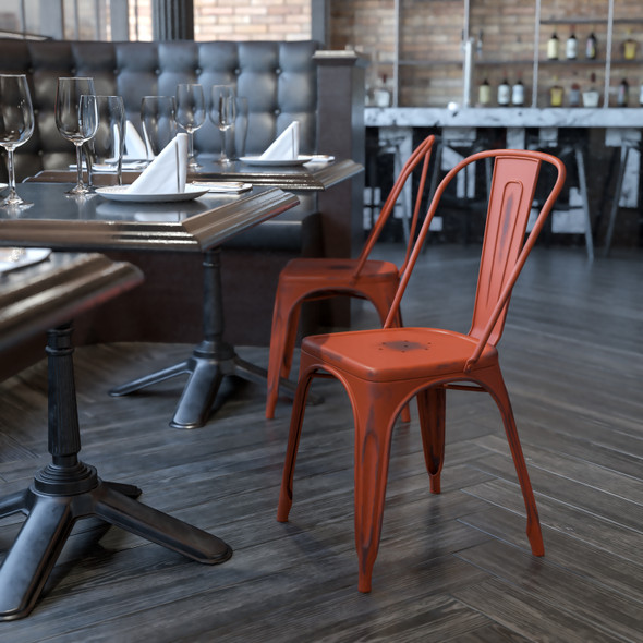 Tenley Commercial Grade Distressed Kelly Red Metal Indoor-Outdoor Stackable Chair