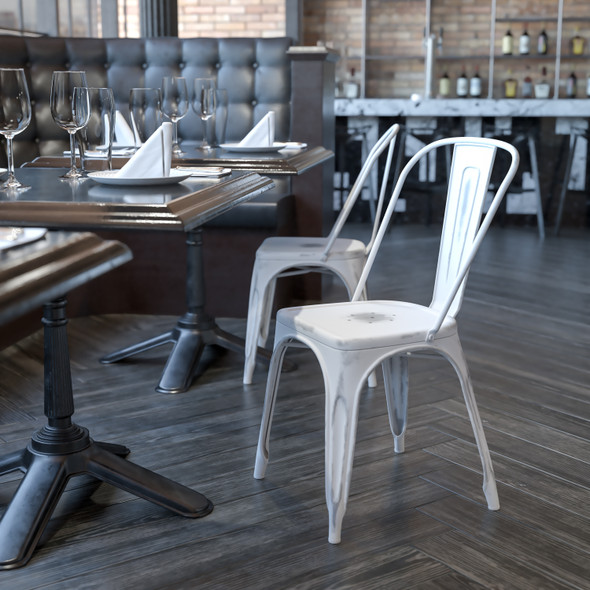 Tenley Commercial Grade Distressed White Metal Indoor-Outdoor Stackable Chair