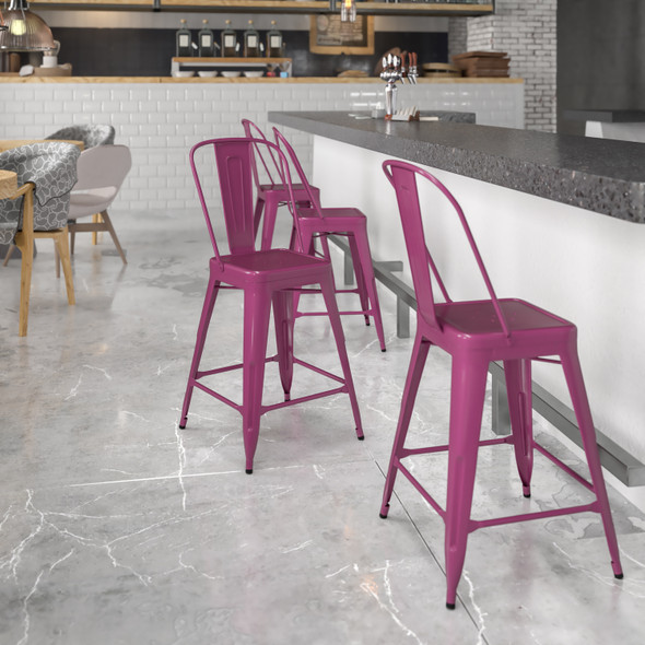 Carly Commercial Grade 24" High Purple Metal Indoor-Outdoor Counter Height Stool with Back