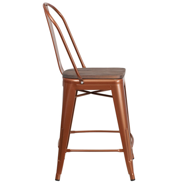 Carly 24" High Copper Metal Counter Height Stool with Back and Wood Seat