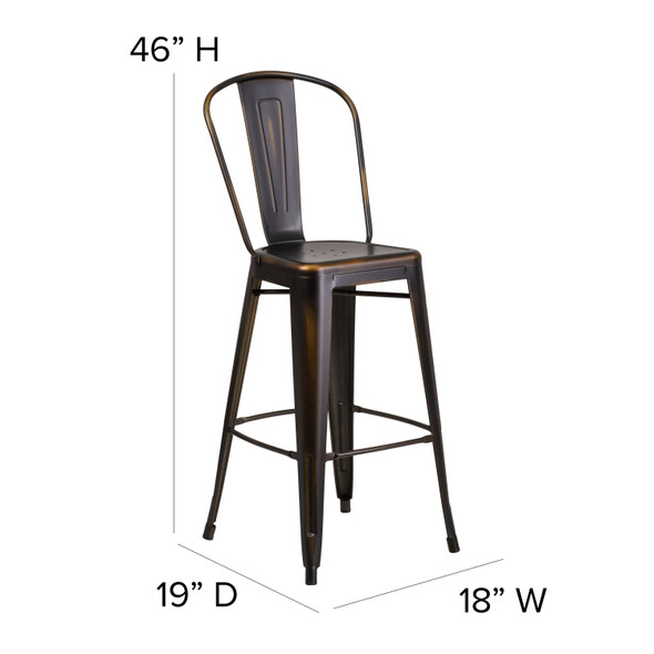 Cindy Commercial Grade 30" High Distressed Copper Metal Indoor-Outdoor Barstool with Back