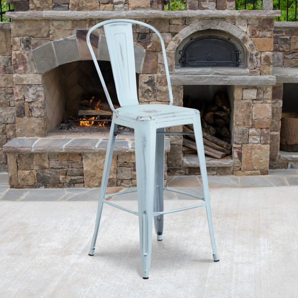 Cindy Commercial Grade 30" High Distressed Green-Blue Metal Indoor-Outdoor Barstool with Back