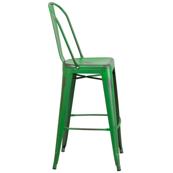 Cindy Commercial Grade 30" High Distressed Green Metal Indoor-Outdoor Barstool with Back