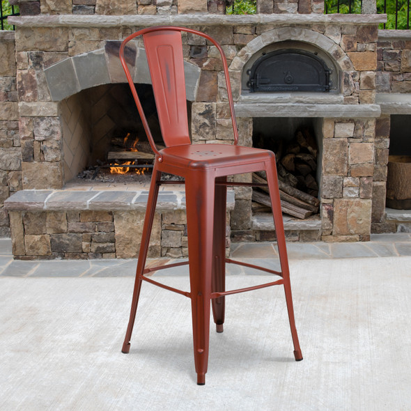Cindy Commercial Grade 30" High Distressed Kelly Red Metal Indoor-Outdoor Barstool with Back