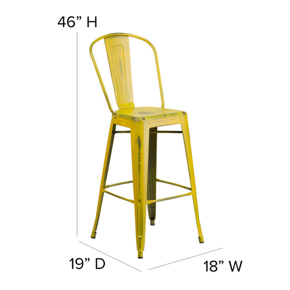 Cindy Commercial Grade 30" High Distressed Yellow Metal Indoor-Outdoor Barstool with Back