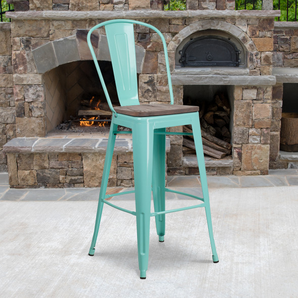 Cindy 30" High Mint Green Metal Barstool with Back and Wood Seat