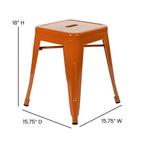 Kai 18" Table Height Stool, Stackable Backless Metal Indoor Dining Stool, Commercial Grade Restaurant Stool in Orange - Set of 4